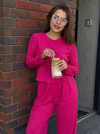 Женский костюм в рубчик с широкими штанами Малиновый M/L Харьков