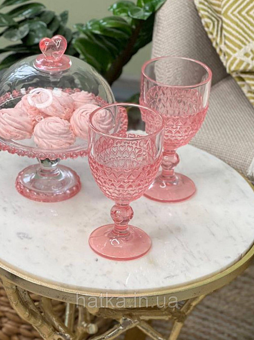 Набір 6 шт. келихів «Рожеве Серце» 300 мл орнамент у вигляді серця рожеві скло Київ - фото 2