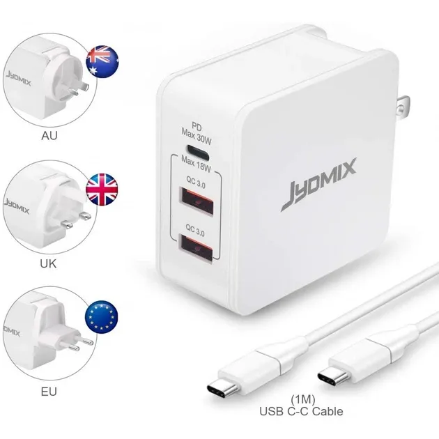 Універсальний мережевий зарядний пристрій JYDMIX (30W, PD3.0, QC3.0) — USB-C + 2xUSB-A, набір перехідників для подорожей Київ - фото 12