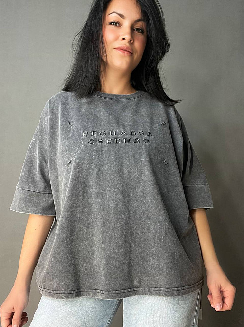 Футболка женская A-N 26028 тай-дай оверсайз с вышивкой, серый, one size Киев - изображение 11