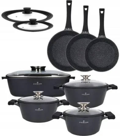 Zwieger Black Stone Комплект 3 Garnków + Сковорідки 20/24/28cm Жаровня Кришки (ZWBS42) Київ