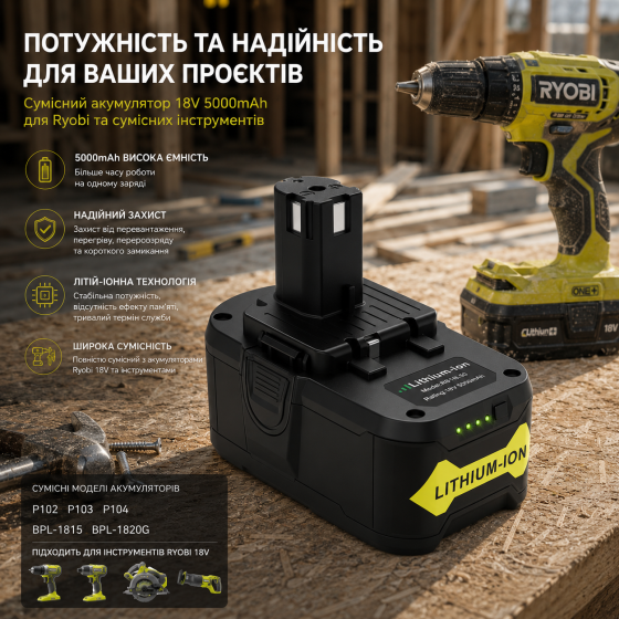 Акумулятор літій-іонний ARyee 18V 5000mAh сумісний з Ryobi ONE+ P102 P108 BPL-1815 батарея для електроінструменту Київ