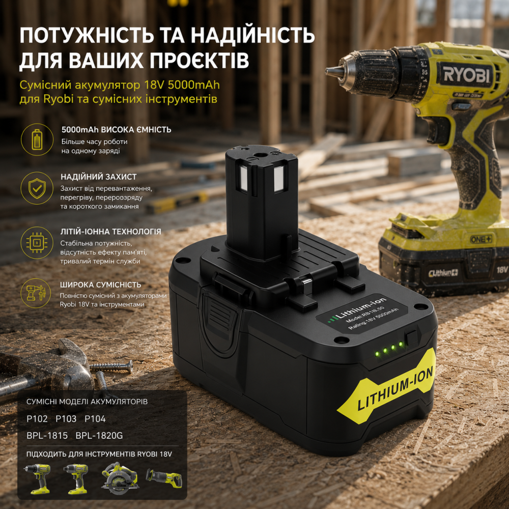Аккумулятор литий-ионный ARyee 18V 5000mAh совместимый с Ryobi ONE+ P102 P108 BPL-1815 батарея для электроинструмента Киев - изображение 1