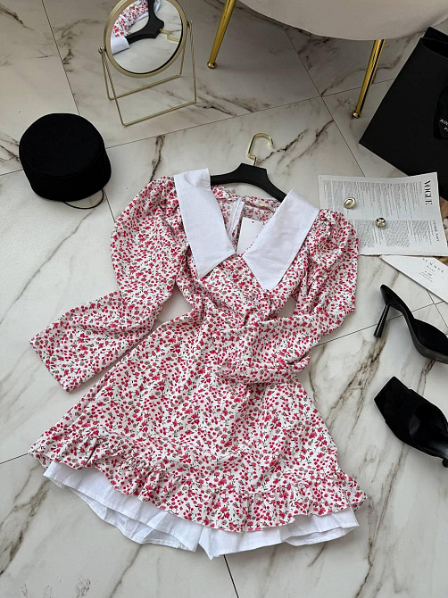 Женское романтичное мини платье-комбинезон в цветочный принт с белым воротником софт+котон Розовый, 44/46 Одесса - изображение 7