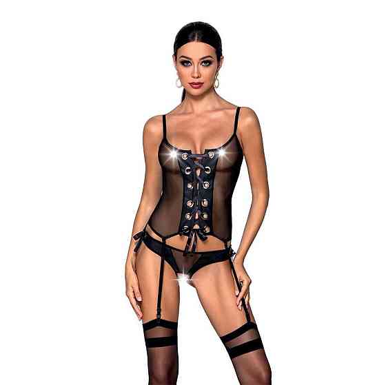 Корсет зі шнурівкою Passion NESSY CORSET XXL/XXXL black, стрінги з відкритим доступом, пажі для панч Sex Aura Київ