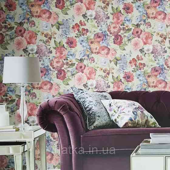 Шпалери вінілові на флізелін GranDeco Dorina A45503 метрові квіти великі червоні бузкові на пісочному тлі Київ