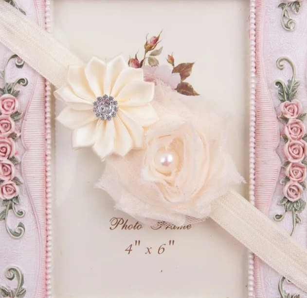 Повязка на голову детская бежевая - размер декора 9см, размер универсальный (на резинке) Киев - изображение 1