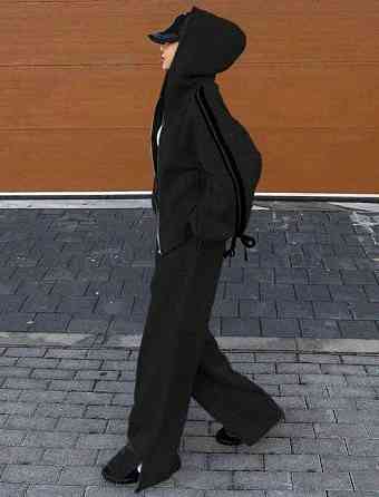 Женский прогулочный оверсайз костюм двойка: худи и штаны двунитка Черный Одесса