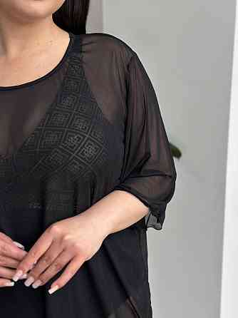 Женская пляжная туника в сеточку короткая однотонная накидка на купальник oversize прозрачная черная Одесса