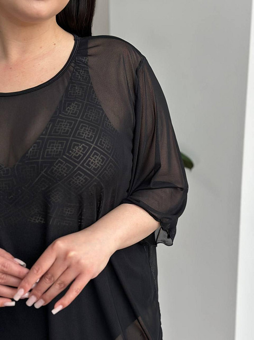 Женская пляжная туника в сеточку короткая однотонная накидка на купальник oversize прозрачная черная Одесса - изображение 3