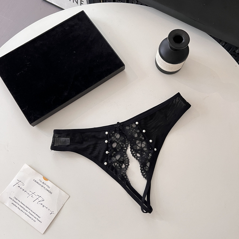 Трусики с разрезом и бусинами кружевные 42-44 черный Киев - изображение 1