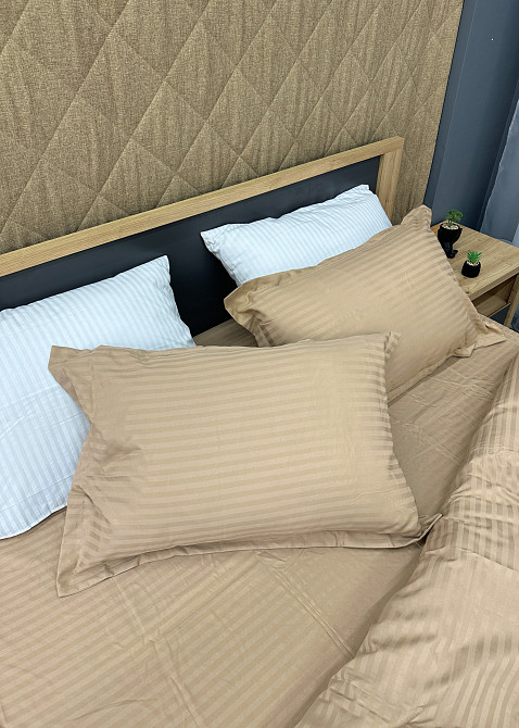 Комплект постельного белья Страйп-сатин Евро 200х230 с простыней на резинке Бежевый (88-162) Киев - изображение 6