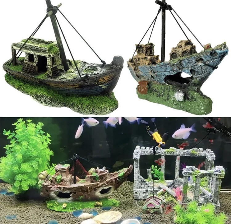 Декор для акваріума "Затонувший кораблик" - розмір 15*13*6 см, смола, акваріумний декор Київ - фото 7