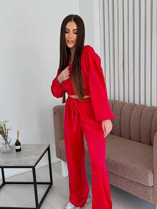 Женский стильный костюм двойка: кофта и штаны из плюш велюра Красный, 44/46 Одесса - изображение 6