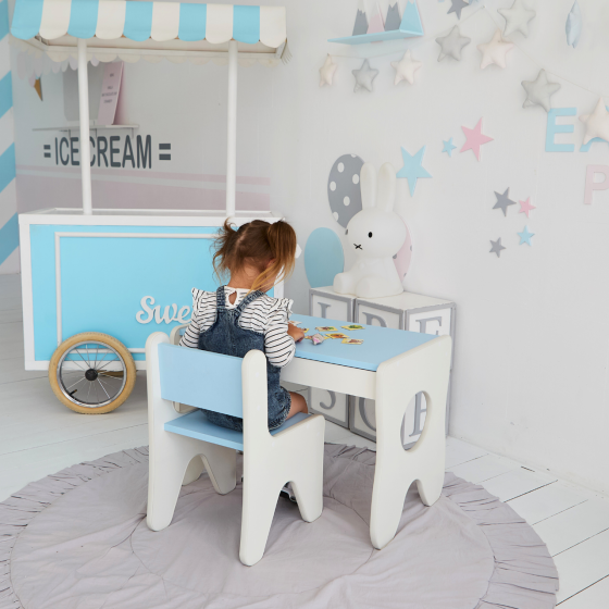 Комплект дитячих меблів столик та стільчик 70×45×51, стіл та стілець у дитячу білий з деревом 1, Блакитний, ламінована ДСП, № 1, ДСП, ДСП Київ