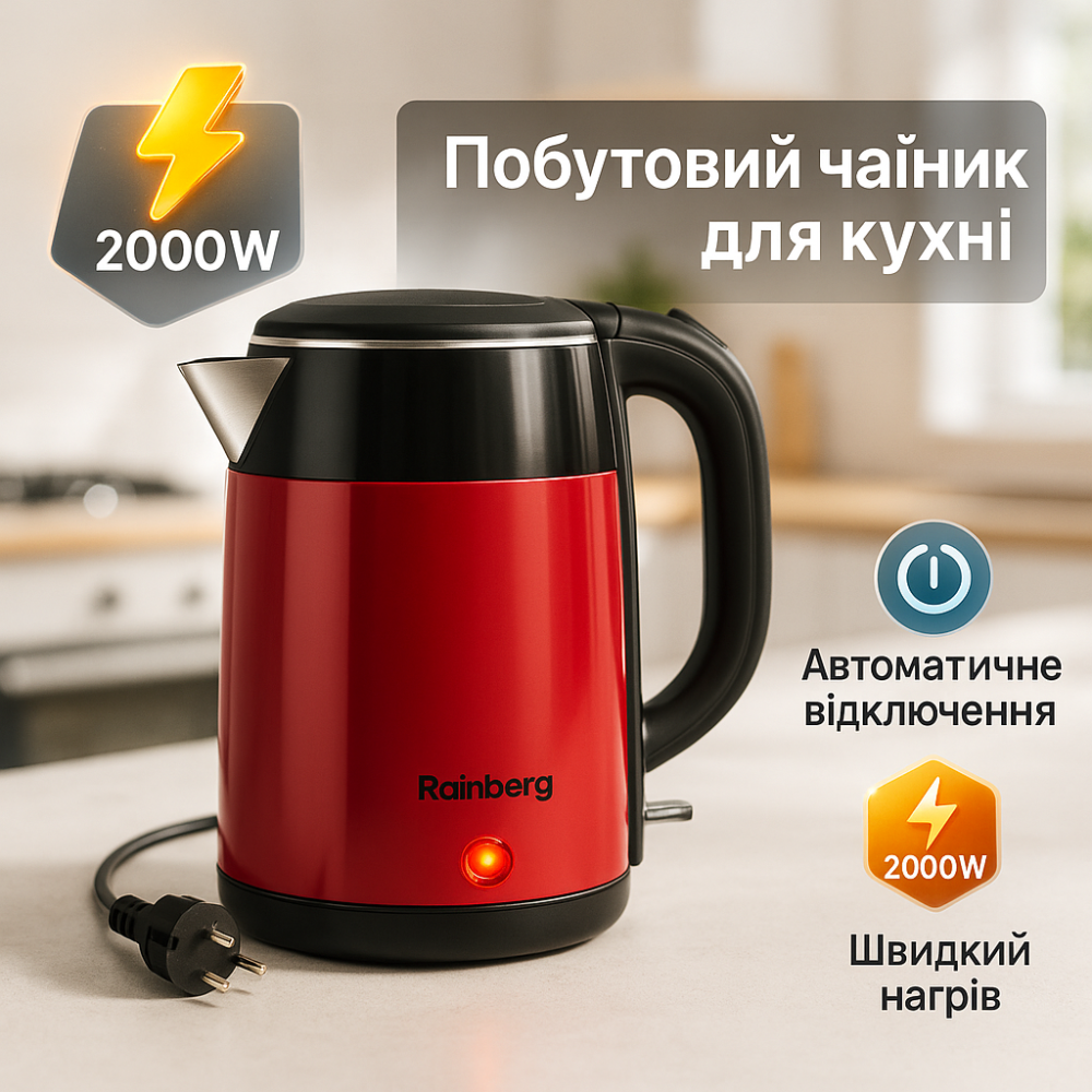 Электрический чайник с индикатором питания Rainberg RB-2244 2000 Вт 2 л, Чайник дисковый BU-64 Львов - изображение 15