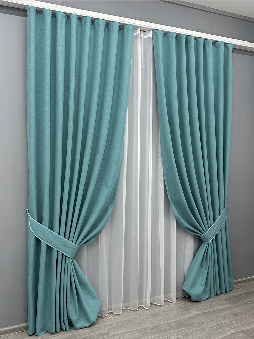 Комплект штор VR-Textil 100% блекаут ASHEN NIGHT 100х270 2шт і Тюль 300х270 1846ш-1153т лазурний з білим 71-089/1 Київ - фото 2