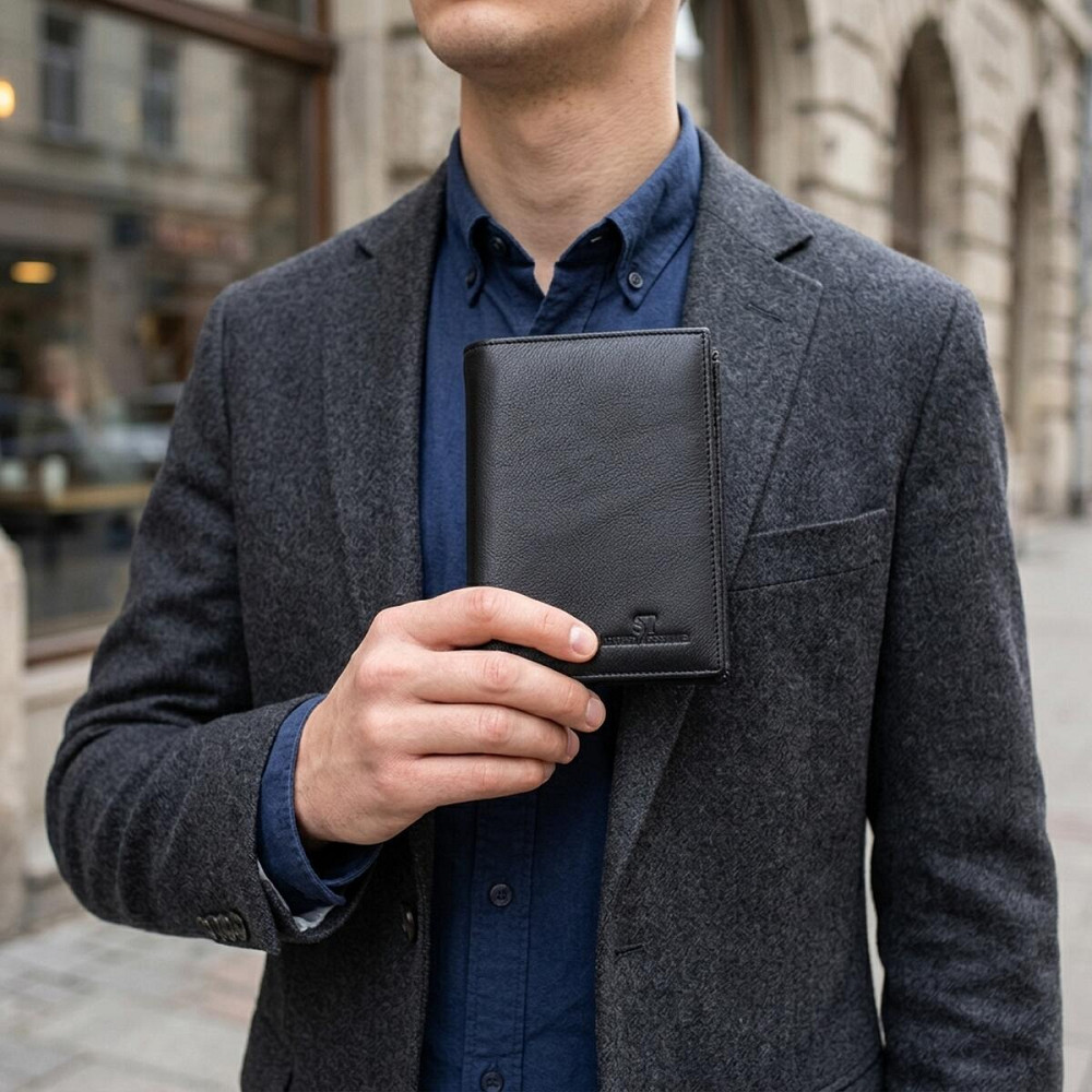 Чоловіче шкіряне портмоне для карток купюр та монет ST Leather 22733 Чорне Київ - фото 15
