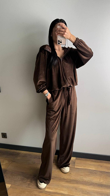Жіночий стильний костюм-трійка: кофта топ і штани велюр плюш Шоколад, 44/46 Одеса - фото 6