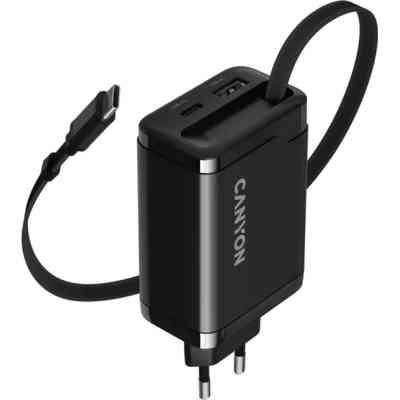 Зарядное устройство Canyon 1xUSB-C PD65W + 1xUSB QC3.0 + cable USB-C to USB-C black (CNS-CURC65ACB) Винница