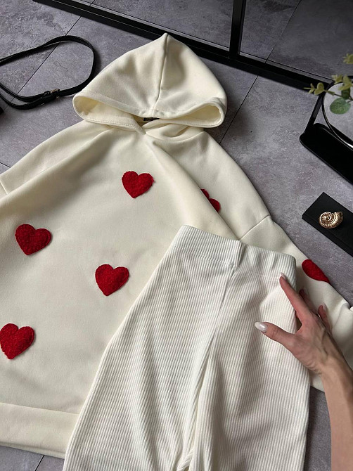 Жіночий теплий прогулянковий костюм-двійка з сердечками тринитка на флісі + ангора рубчик Молочний, 50/52 Одеса - фото 3