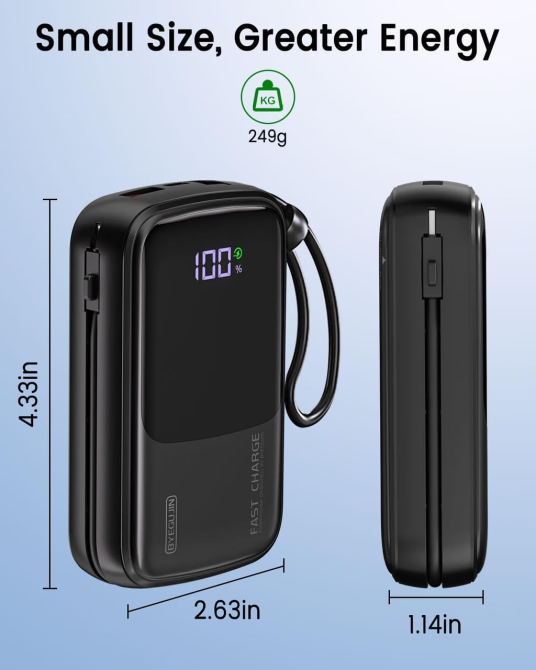 Повербанк BYEGUJIN 20000 мАг 22,5 Вт, швидка зарядка PD/QC, 2 вбудовані кабелі USB-C/Lightning, LCD-дисплей, чорний Київ - фото 8