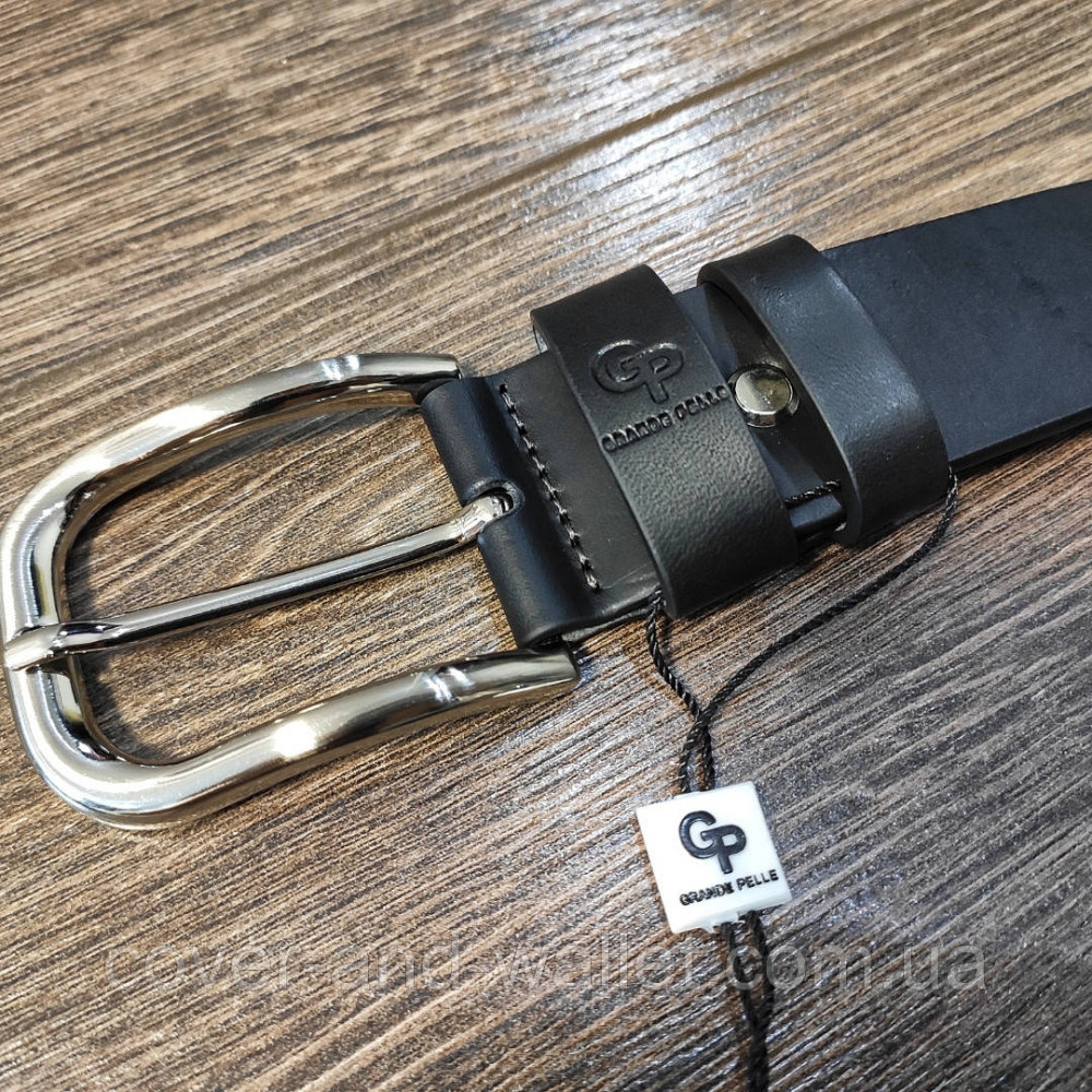 Стильний чоловічий ремінь із італійської шкіри чорного кольору під джинси Grande Pelle Casual Київ - фото 3