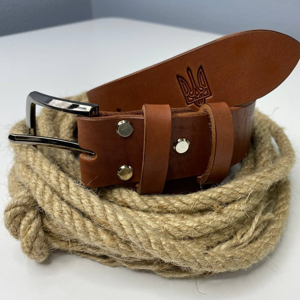 Чоловічий ремінь з натуральної шкіри для джинсів, шкіряний пояс з тисненням Герб, коричневийMasterSem Київ - фото 6