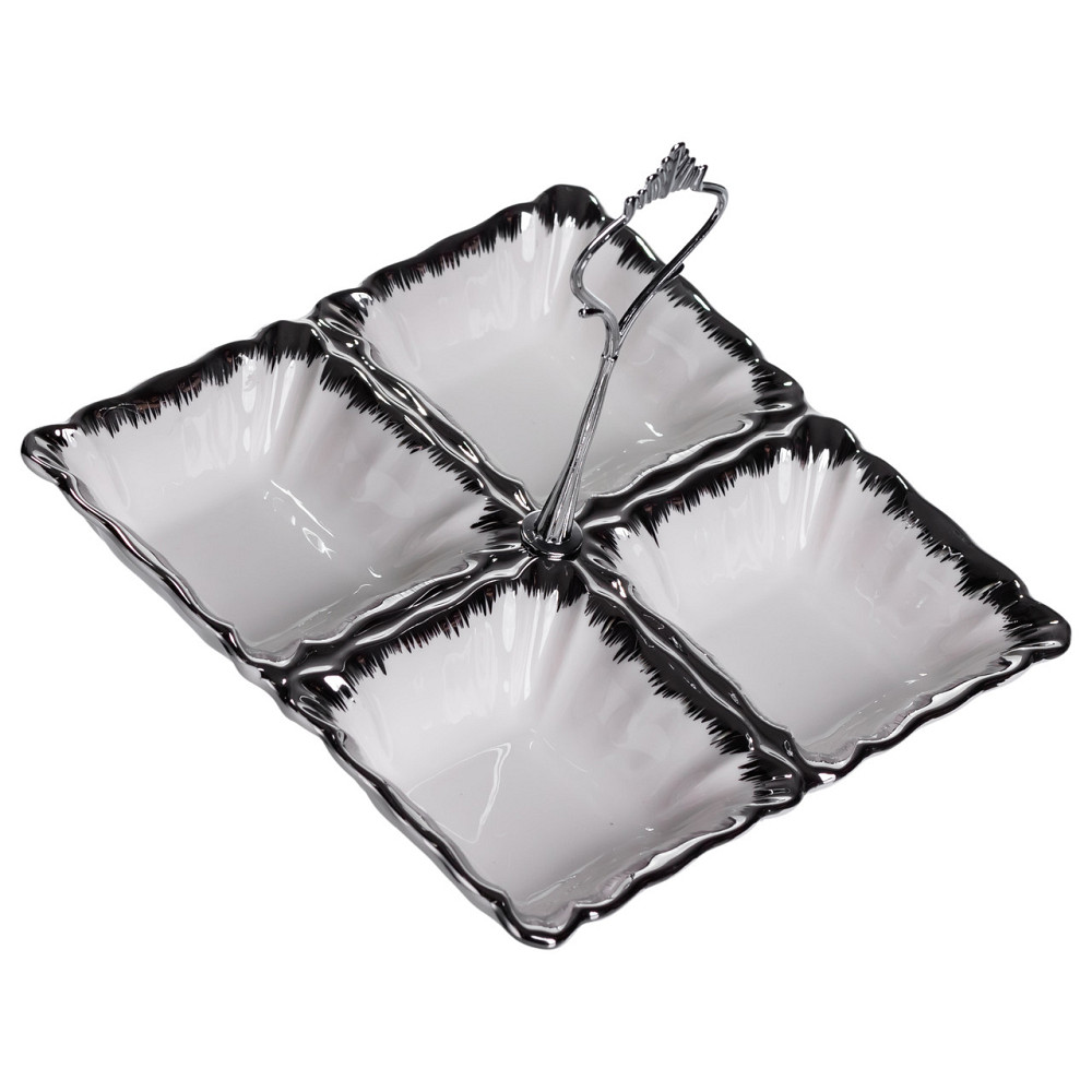 Yiwu Менажниця порцелянова на 4 секції для закусок 18×18×3 (см) з ручкою Білий з сріблом LC-BYL Коломия - фото 3