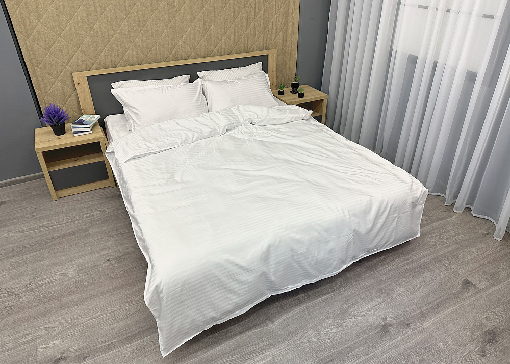 Комплект постельного белья Страйп-сатин Двуспальный 180х220 с простыней на резинке Белый (88-086) Киев - изображение 3