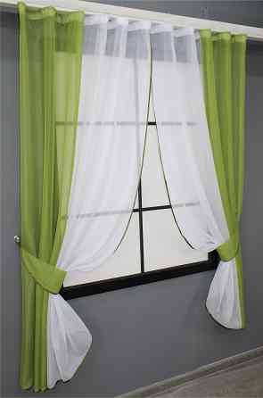 Кухонные шторы VR-Textil № 017к комбинированные с подвязками оливковый с белым 265х170 см (50-018) Киев