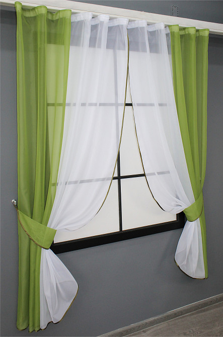 Кухонные шторы VR-Textil № 017к комбинированные с подвязками оливковый с белым 265х170 см (50-018) Киев - изображение 2