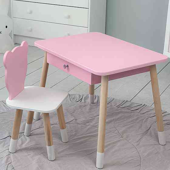 Детский столик и стульчик мишка розовый. Столик с ящиком для карандашей и разукрашек Киев