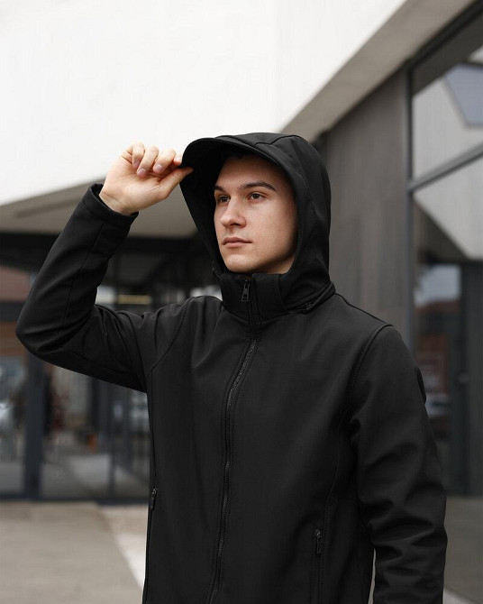 Черная куртка мужская весна/осень из софтшела с капюшоном Pobedov Shadow V2 Киев - изображение 6