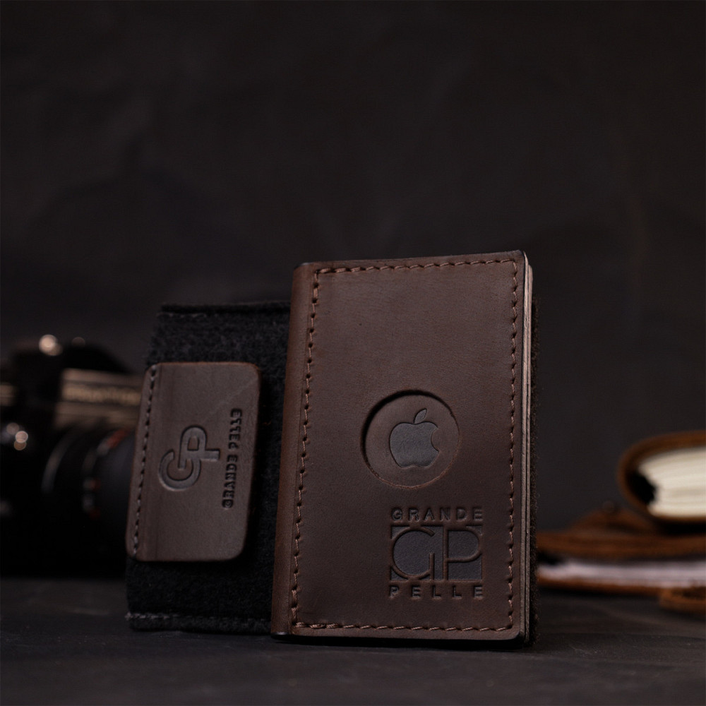 Практичний картхолдер з утримувачем для Apple AirTag з натуральної шкіри GRANDE PELLE 11606 Коричневий Київ - фото 1