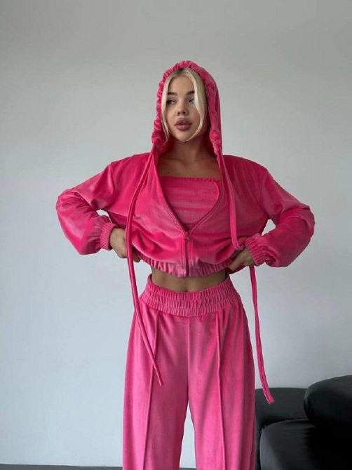 Женский прогулочный плюшевый костюм тройка: кофта топ и штаны велюр-плюш Малина, 46/48 Одесса - изображение 8