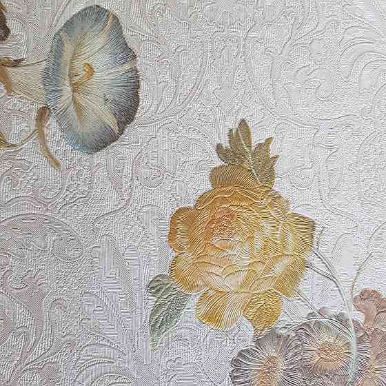 Шпалери метрові вінілові на флізелін Yuanlong Samsara квіти троянди, півонії жовті блакитні на пісочному Київ