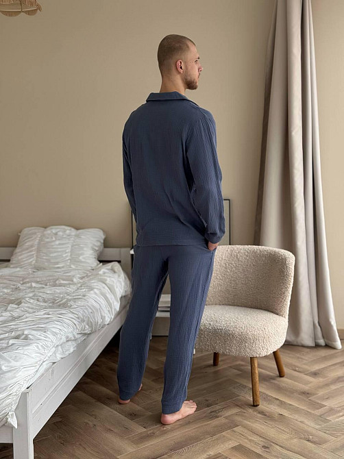 Мужской домашний костюм из муслиновой ткани на пуговицах Джинсовый XL-2XL Харьков - изображение 3