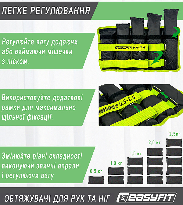 Обтяжувачі для ніг та рук EasyFit набірні чорно-зелені 0,5-2,5 кг (пара) Коломия - фото 5