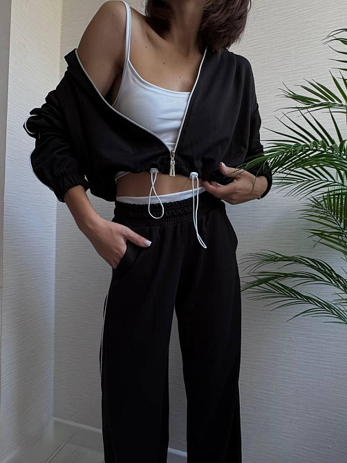 Женский прогулочный костюм тройка: кофта топ и штаны  двунить + микродайвинг Черный, 42/44 Одесса - изображение 1