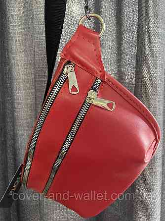 Модная женская сумка бананка из натуральной кожи красного цвета PS Leather Киев