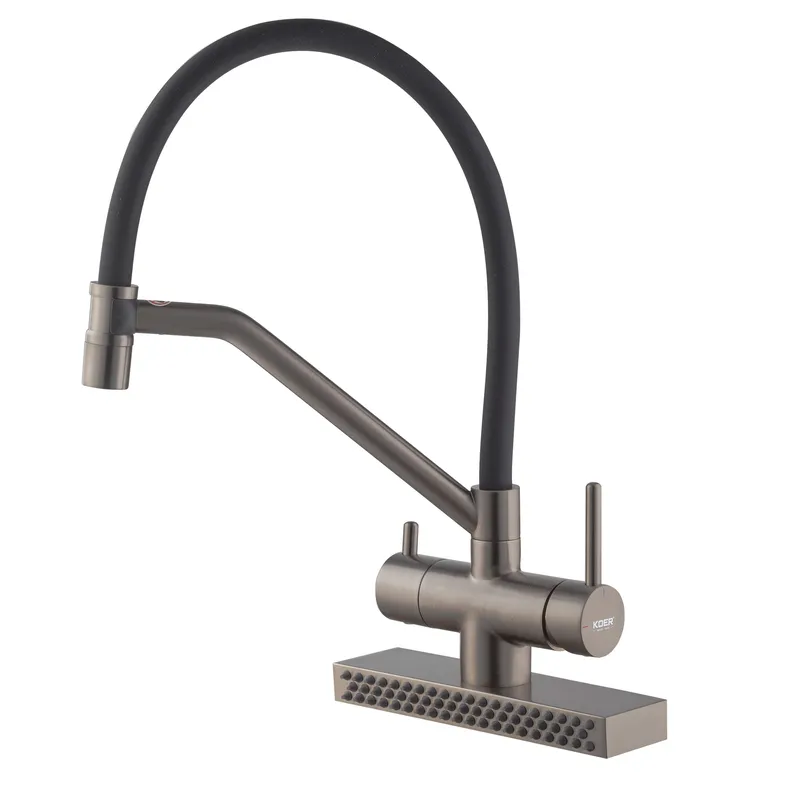Кухонний змішувач Koer KB-74027-07 з функцією водоспаду та чорним силіконовим виливом (KR5203) Харків - фото 1