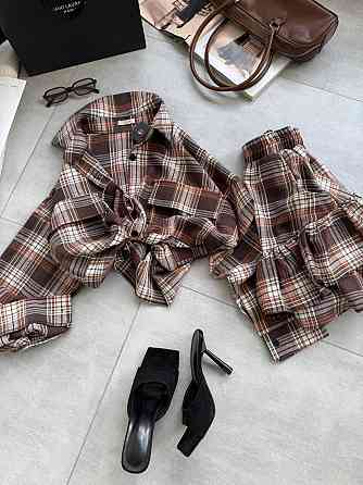 Женский костюм двойка: рубашка и юбка в клетку фланель Коричневый Одесса