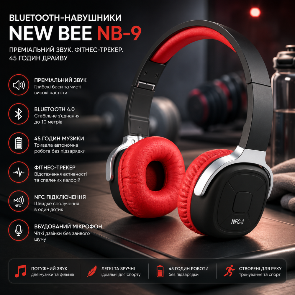 Bluetooth-наушники New Bee NB-9: Премиальный звук, фитнес-трекер и 45 часов драйва Киев - изображение 1