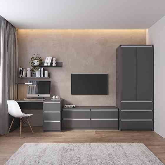 Комплект мебели в гостиную VAYS, шкаф R-9 тумба R-6 стол R-1 полки М-22 Антрацит-Белые планки Львов