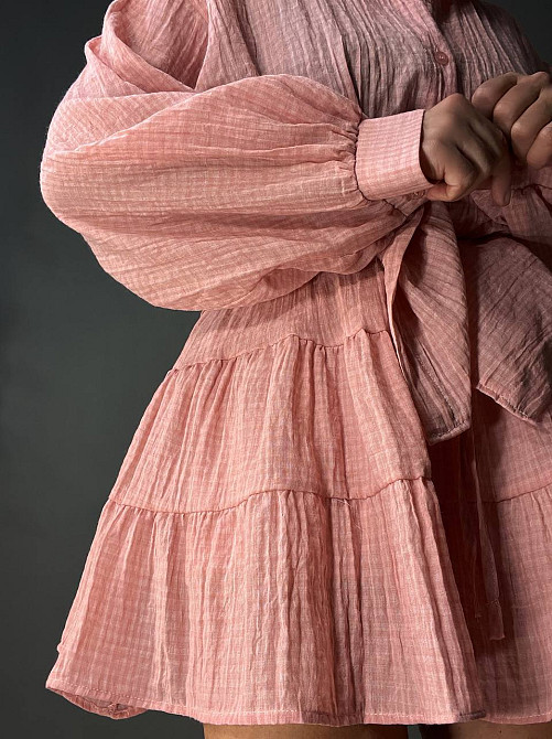 Костюм жіночий Xingyue 318-3 мусліновий у клітинку сорочка оверсайз і спідниця-шорти, рожевий, one size Київ - фото 9