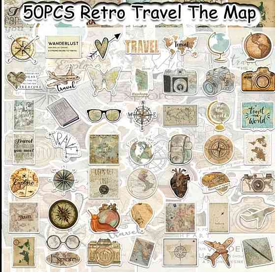 Набор тревел-стикеров с картами и путешествиями, винтажные наклейки 50 шт Киев