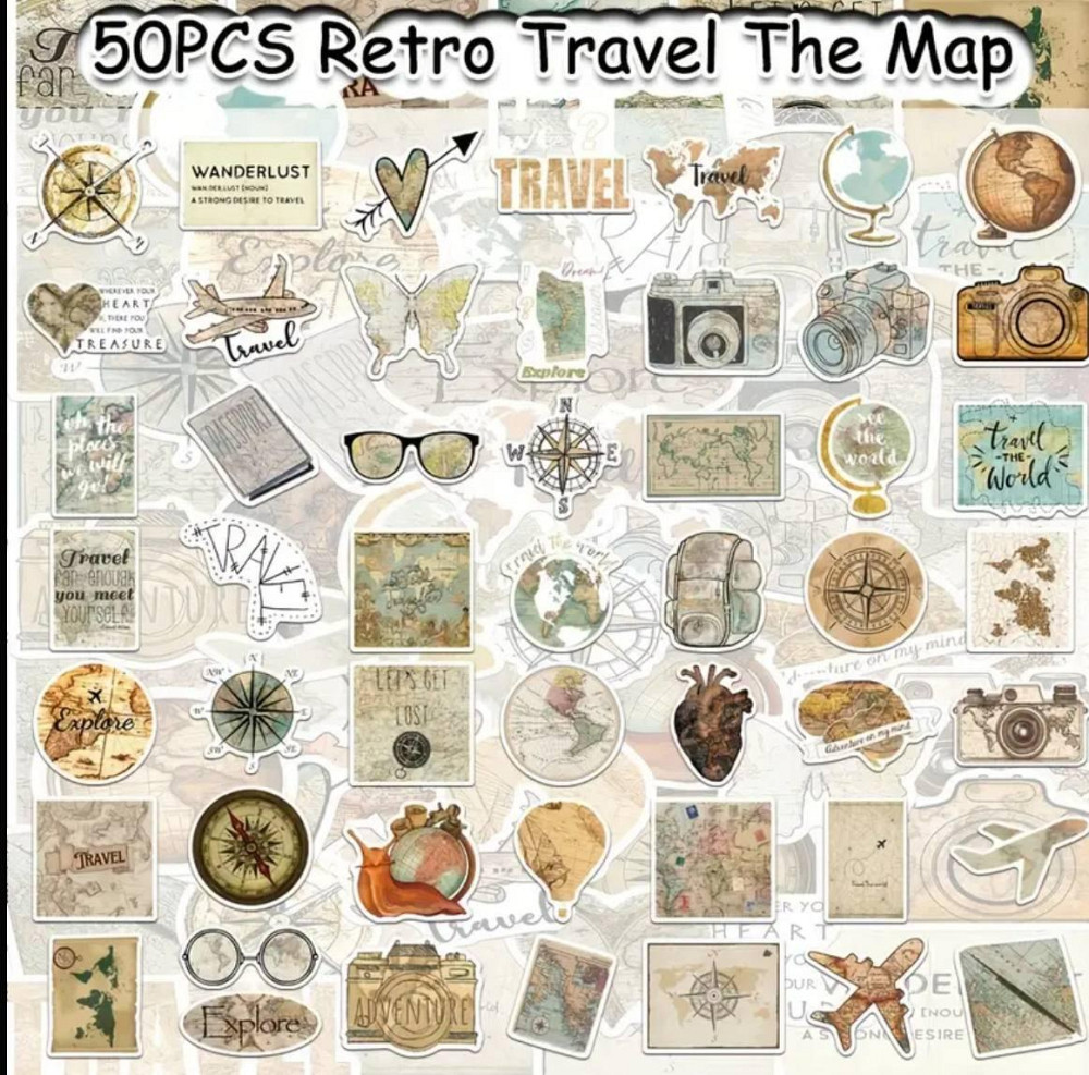 Набор тревел-стикеров с картами и путешествиями, винтажные наклейки 50 шт Киев - изображение 1