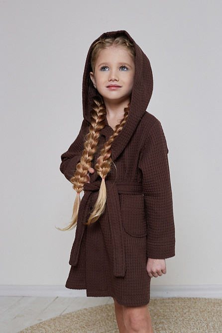 Халат детский вафельный Ideal Textile с капюшоном Коричневый (56860645) Черновцы - изображение 3