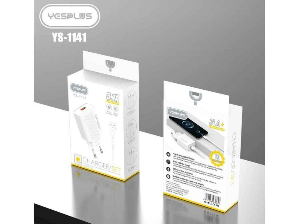 Сетевое зарядное устройство USB-A 3,1A Кабель USB - Lightning 1м белый YS-1141 ТМ YESPLUS Киев - изображение 1